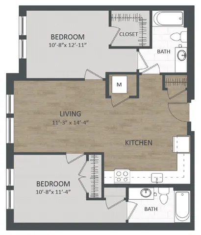 Modern floor plan featuring 2 bedrooms, a spacious open-concept kitchen and living area, and 2 bathrooms with ample closet space.