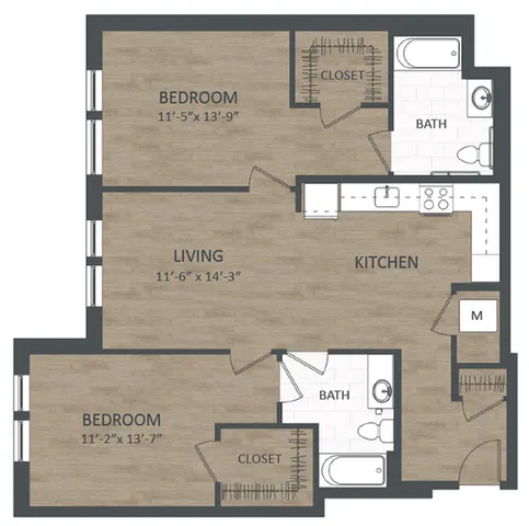 Contemporary 2D floor plan showcasing 2 bedrooms, a spacious living area, modern kitchen, and dual bathrooms.