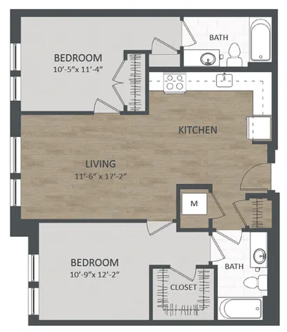 Modern 2-bedroom floor plan featuring a spacious open-concept kitchen and living area with wood flooring, two well-sized bathrooms, and convenient closet storage.