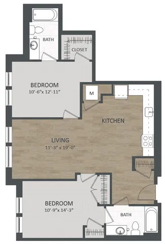 Modern 2-bedroom floor plan featuring an open living area, sleek kitchen, and two stylish bathrooms with ample storage.