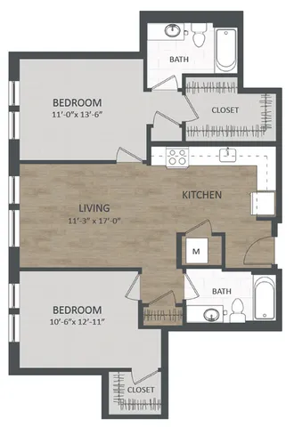 Modern apartment floor plan showcasing 2 spacious bedrooms, open-concept living and kitchen area, and 2 full bathrooms with ample closet space.