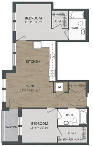 Elegant floor plan featuring 2 spacious bedrooms, an inviting open-concept kitchen and living area, 2 modern baths, and a private balcony.