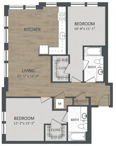 Chic floor plan featuring two bedrooms, a spacious living area, modern kitchen, and two bathrooms with ample closet space.