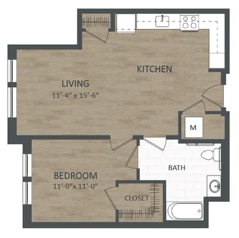 Modern floor plan with a cozy bedroom, spacious living room, open kitchen, and a full bath, perfect for stylish city living.