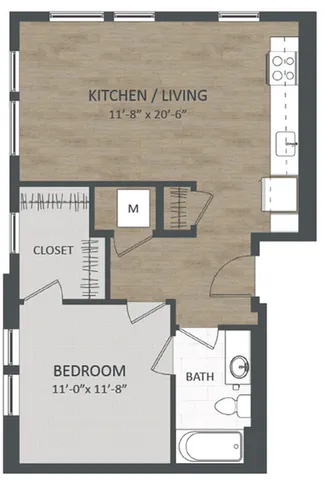 Modern floor plan featuring one bedroom with an ample closet, integrated kitchen and living area, and a stylish bathroom.