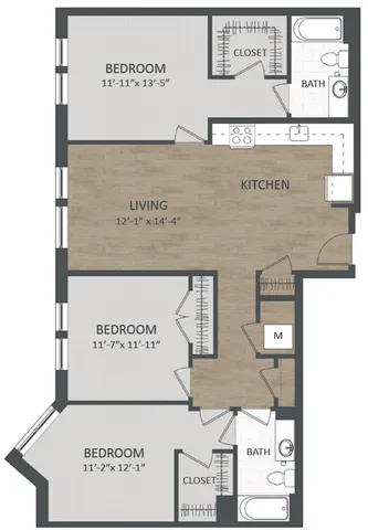 Modern floor plan showcasing three bedrooms, open living area, stylish kitchen, and two bathrooms, ideal for comfortable living.