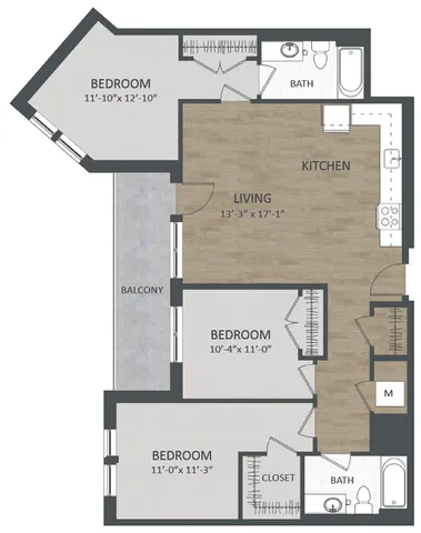 Modern floor plan with three bedrooms, spacious living area, connected kitchen, and two bathrooms, featuring a private balcony.