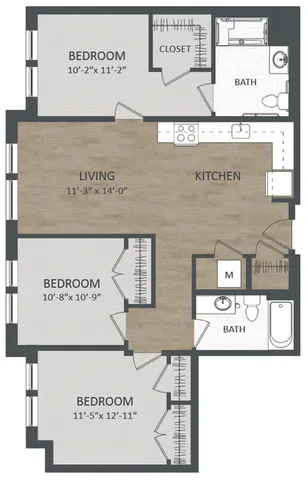 Modern 2D floor plan showcasing 3 bedrooms, a spacious open-concept living and kitchen area, and 2 bathrooms, ideal for comfort and functionality.