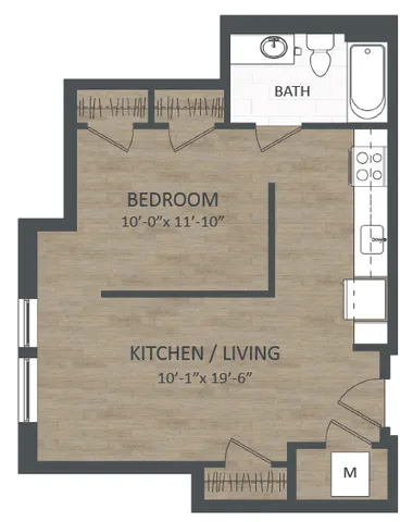 Modern floor plan featuring a cozy bedroom, bathroom, and open kitchen/living area, perfect for efficient living.