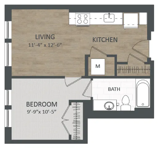 Modern floor plan highlighting a cozy 1-bedroom apartment with a welcoming living area, efficient kitchen, and convenient bathroom layout.
