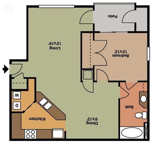 2D floor plan of a cozy apartment with 1 bedroom, open living area, kitchen, and private patio.