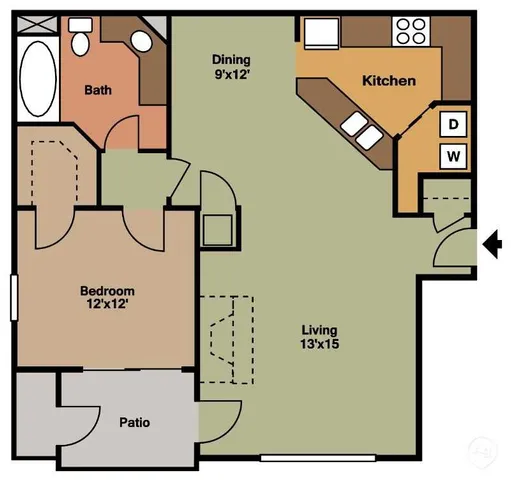 Contemporary floor plan showcasing a 1-bedroom unit, open living space, kitchen, patio, and bath.