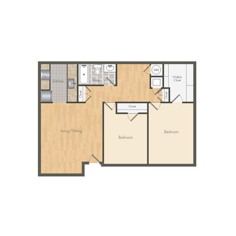 Chic floor plan showcasing 2 bedrooms, an open living and dining area, kitchen, and bathroom with modern design.