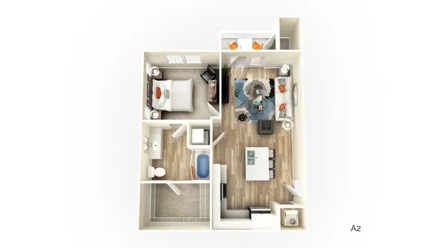 3D floor plan displaying 1 bedroom, an open-concept living and dining area, and a modern kitchen.