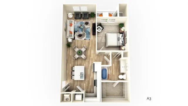 Elegant 3D floor plan showcasing a spacious 1-bedroom apartment with open living area, modern kitchen, and inviting balcony.