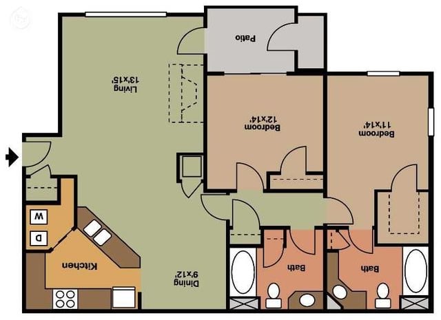 Inviting 2D floor plan with 2 bedrooms, patio access, and modern amenities.