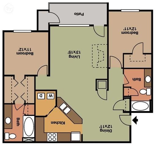 Chic 2D floor plan featuring two bedrooms, open living and dining space, two baths, kitchen, and patio.