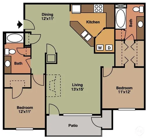 Thoughtfully designed floor plan featuring 2 bedrooms, an open living space, and a modern kitchen with a patio.
