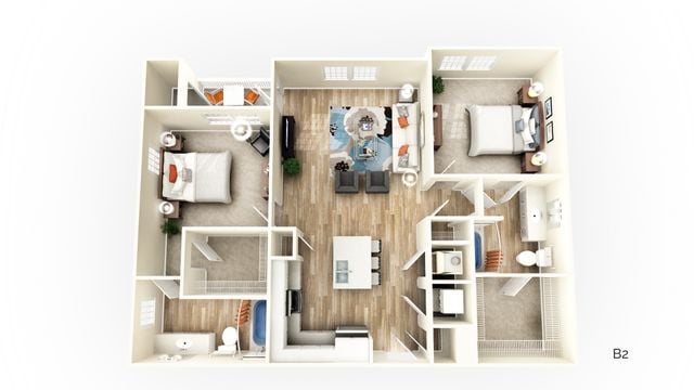 Detailed 3D floor plan showcasing two bedrooms, a spacious living room with elegant decor, and a modern kitchen.