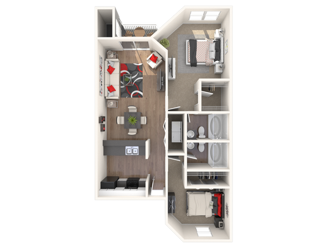 Modern apartment floor plan with 2 cozy bedrooms, stylish living area, sleek kitchen, and a balcony view.