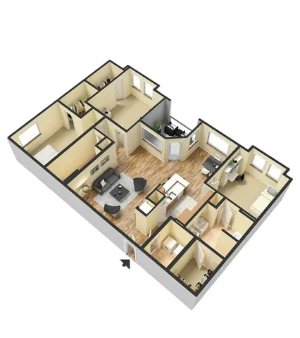 Modern 3D floor plan highlighting a stylish 2-bedroom apartment with open-concept living area, elegant kitchen, and cozy bedrooms.