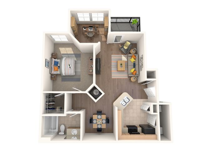 Modern 2D floor plan showcasing a cozy one-bedroom layout, featuring an inviting open-plan living and dining area, compact kitchen, and a serene balcony.