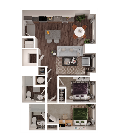 Contemporary 2D floor plan showcasing two bedrooms, a stylish open-concept living and dining area, and a modern kitchen with island seating.
