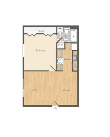 Charming floor plan featuring 1 bedroom, an open living and dining area, a modern kitchen, and a cozy bath.