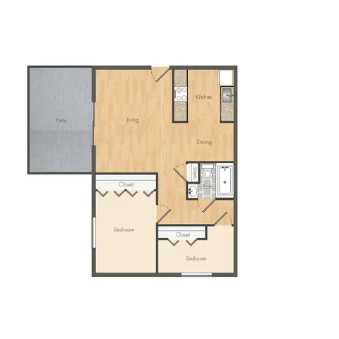 Modern floor plan featuring 2 bedrooms, spacious living area, and kitchen with dining space opening to a cozy patio.