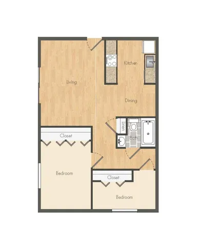 Inviting floor plan showcasing a cozy 2-bedroom layout with spacious living and dining areas, modern kitchen, and full bath.