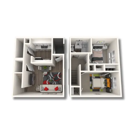 Modern 3D floor plan showcasing 2 bedrooms, open living area, and stylish kitchen, ideal for contemporary living.