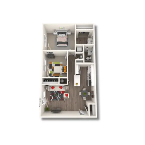 Modern 3D floor plan showcasing a cozy apartment with a bedroom, inviting living area, stylish kitchen, and compact bathroom.