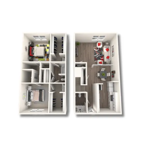 Modern 3D floor plan showcasing a two-level apartment with three bedrooms, open-concept living and dining area, and a fully-equipped kitchen.