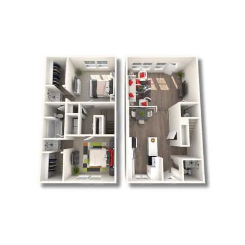 Modern 3D floor plan showcasing two levels with an inviting open-concept living space, two cozy bedrooms, a sleek kitchen, and stylish furnishings.