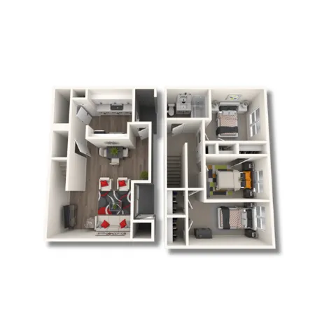 Modern 3D floor plan with open living space, stylish kitchen, and cozy bedrooms, offering innovative design and spacious layout.