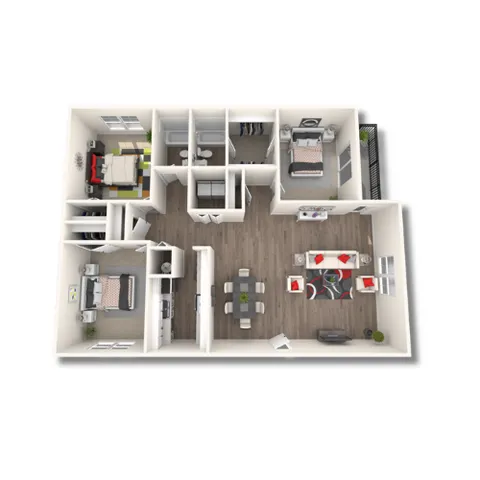 Inviting 3D floor plan with 3 bedrooms, modern living area, sleek kitchen, and cozy dining space.