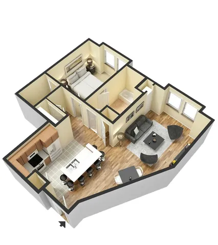 Elegant 3D floor plan featuring a cozy bedroom, a modern open kitchen with island seating, and a spacious living room with wooden flooring.