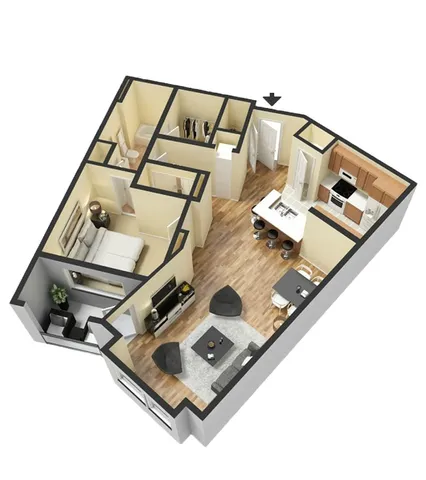 Modern 3D floor plan showcasing a cozy 2-bedroom apartment with an open-concept kitchen, stylish living area, and ample closet space.