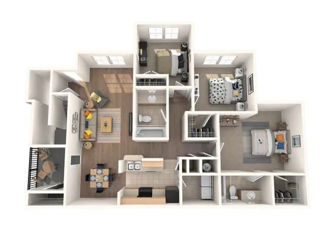 Modern 3-bedroom apartment floor plan with an inviting open-concept living room, well-appointed kitchen, and cozy balcony.