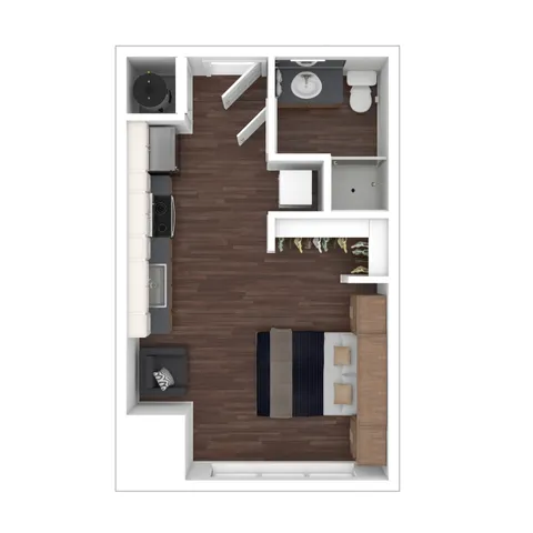 Modern studio apartment floor plan featuring a cozy bedroom area, sleek kitchen, spacious wardrobe, and elegant bathroom with hardwood floors.