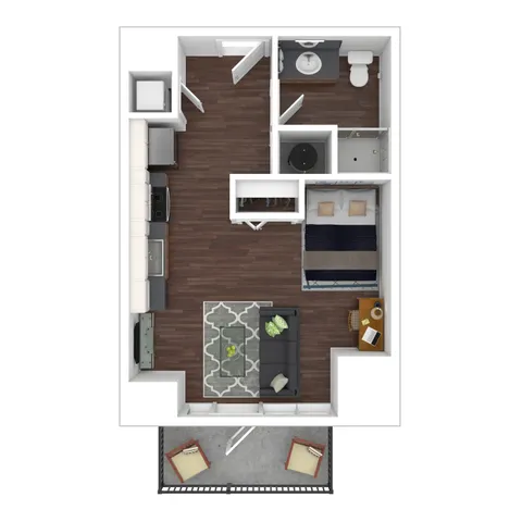 Contemporary floor plan featuring 1 bedroom, a cozy living area, modern kitchen, and private balcony.