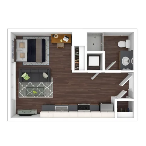 Modern studio apartment floor plan with open-concept living area, sleek kitchen, cozy bedroom space, and stylish bathroom.