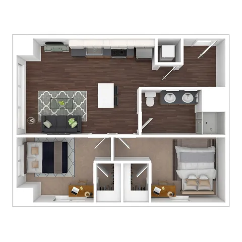 Modern 2D floor plan showcasing two bedrooms, a sleek kitchen with island, and a cozy open-concept living area.