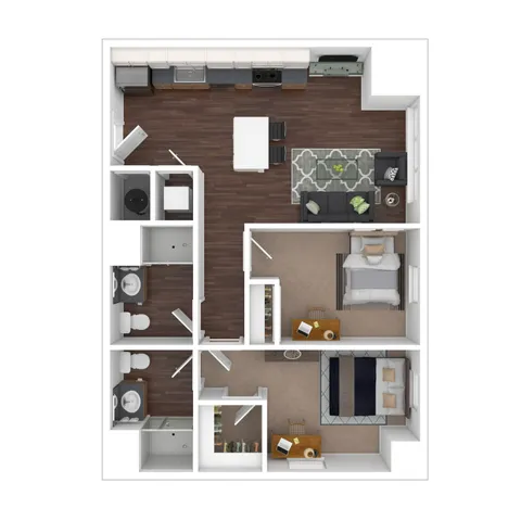 Contemporary 2D floor plan showcasing two bedrooms, a refined living space, and a modern kitchen. Includes two stylish bathrooms and an inviting open-concept living area with chic furnishings.