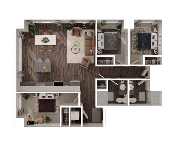 Chic floor plan showcasing 3 spacious bedrooms with cozy decor, an open living and dining area, and a sleek modern kitchen.