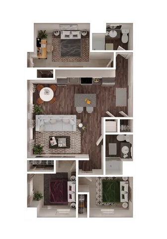 Contemporary 3D floor plan showcasing a spacious apartment with 3 bedrooms, open living room, elegant kitchen, and two modern bathrooms.