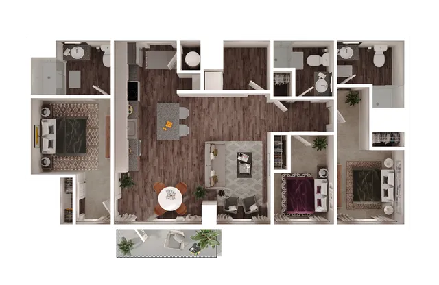 Elegant 3-bedroom floor plan featuring a modern open-concept living area, sleek kitchen, and spacious balcony.