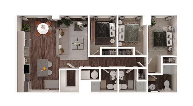 Modern 3D floor plan showcasing an elegant apartment with three bedrooms, an open living-dining area, stylish kitchen, and two chic bathrooms.