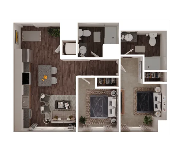Chic open-concept floor plan featuring two bedrooms, modern kitchen, and inviting living area with contemporary design elements.