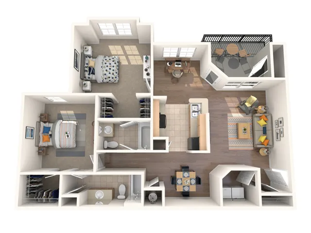 Charming 3D floor plan featuring 2 cozy bedrooms, open-concept living and dining area, modern kitchen, two stylish bathrooms, and a balcony offering outdoor relaxation.
